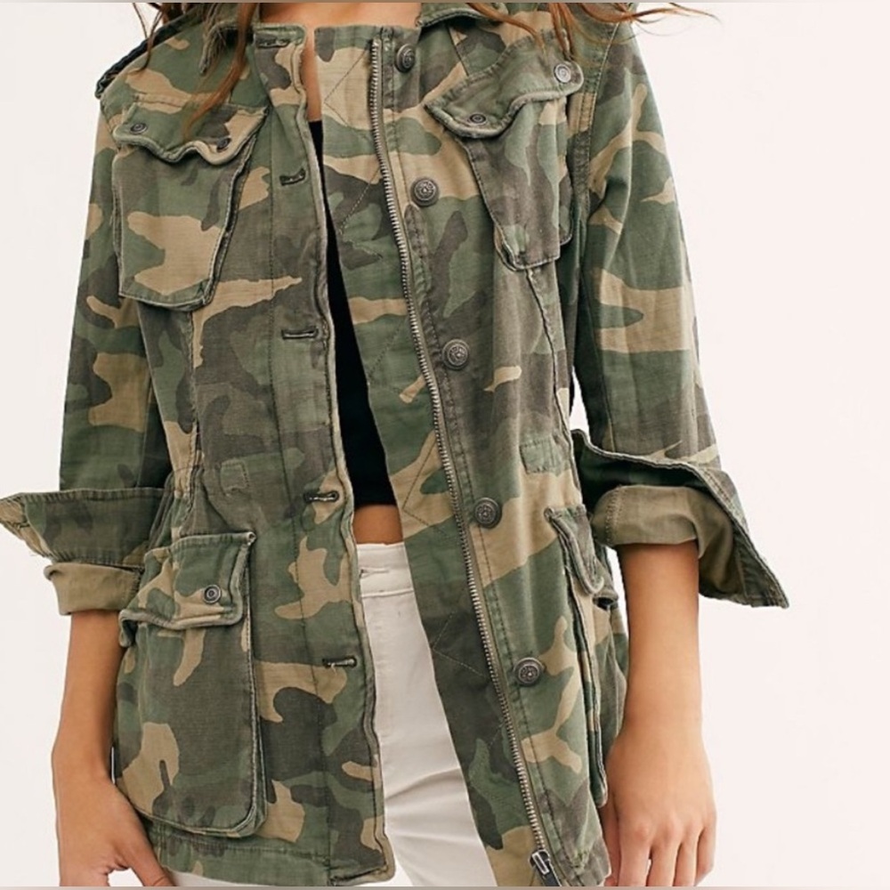 Free People Camo Oversized Utility Jean Jacket Military Style Casual Outdoor